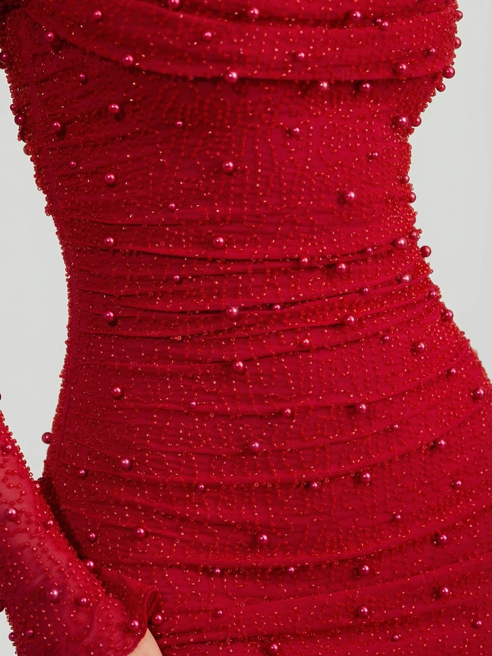 $262 retsils Tivoli
Embellished Cowl-Neck Draped Mini Dress in True Red Red